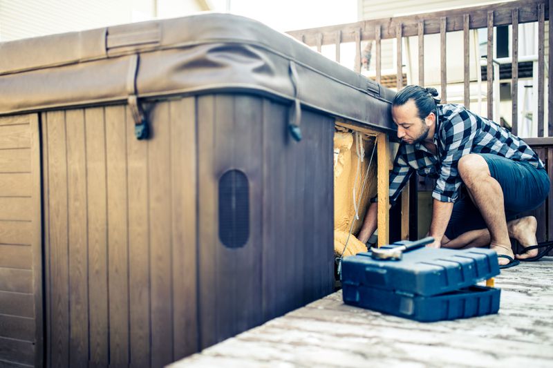 A man crouches to inspect the inner workings of a hot tub.