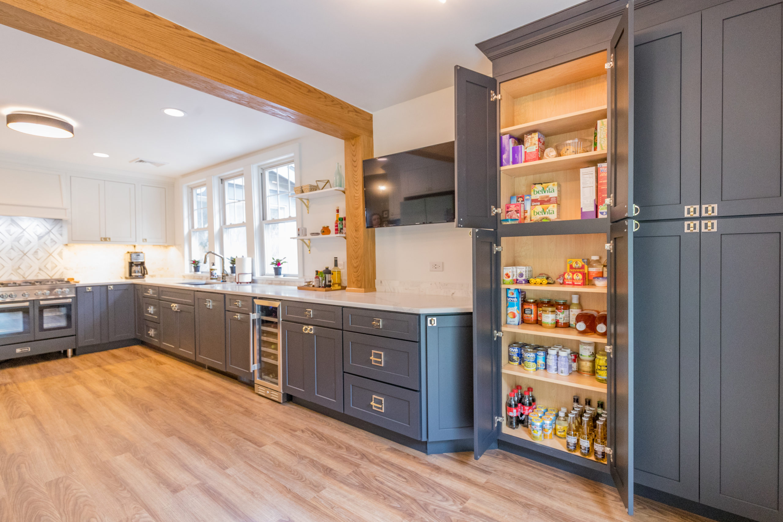 Image of a renovated kitchen with open pantry