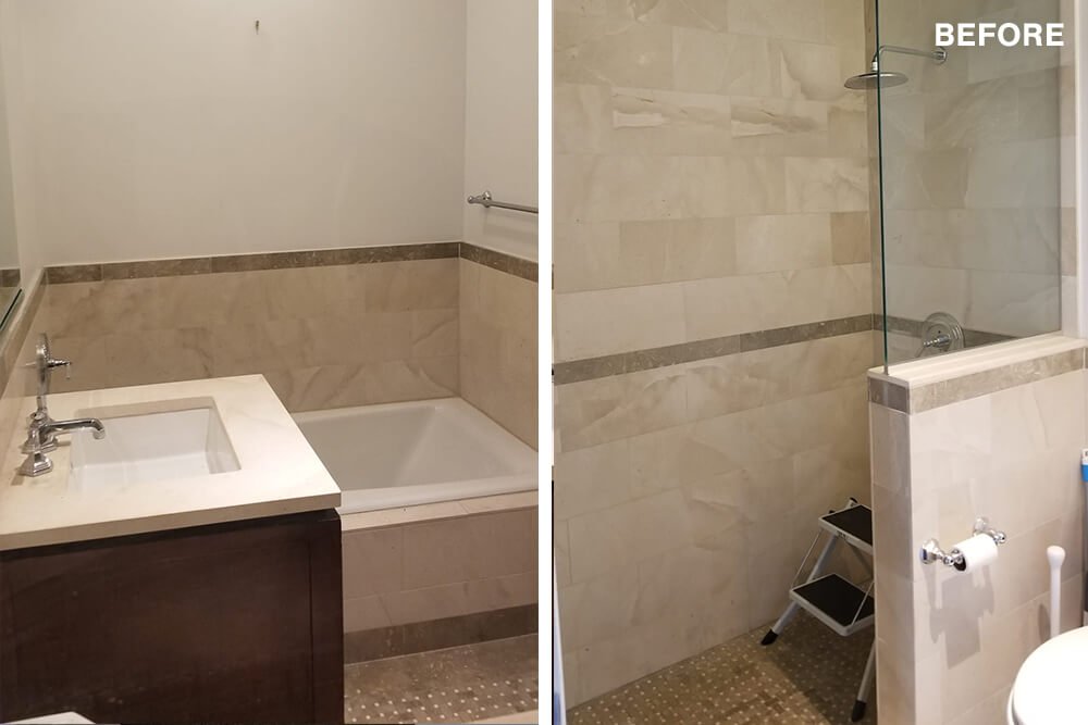 Beige bathroom with bathroom vanity and bathtub before renovation