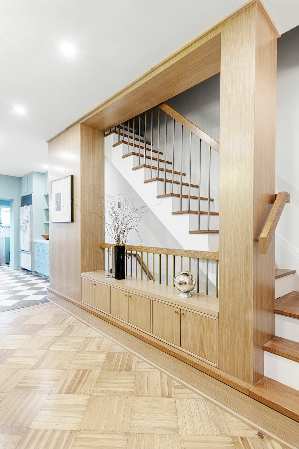 Image of an open stairway with custom storage