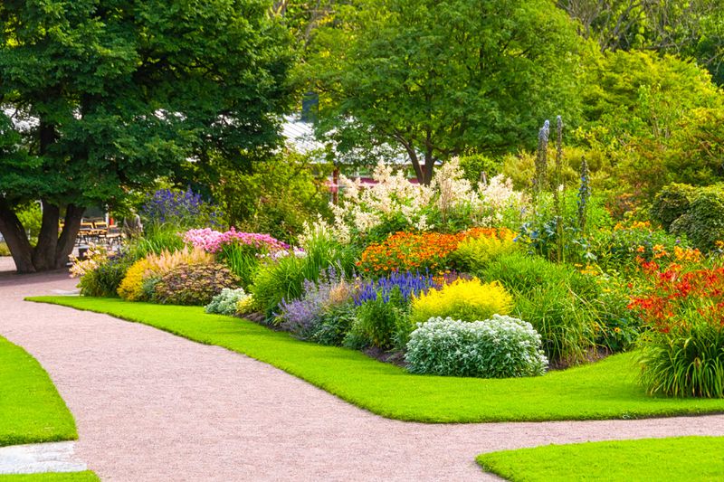 A colorful garden with walkways and trees