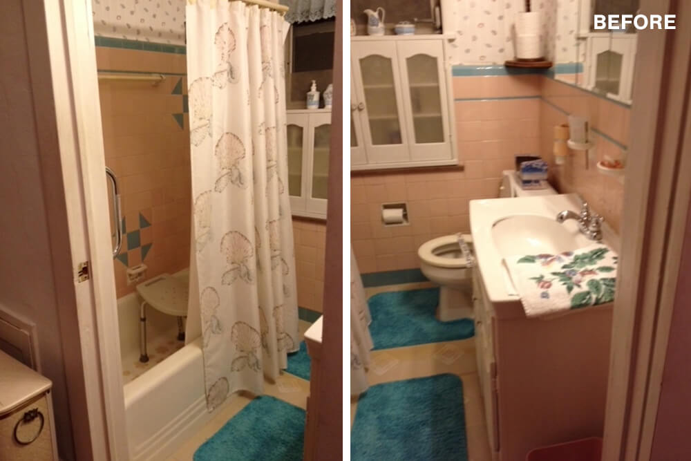 Split images of the bathroom before renovation