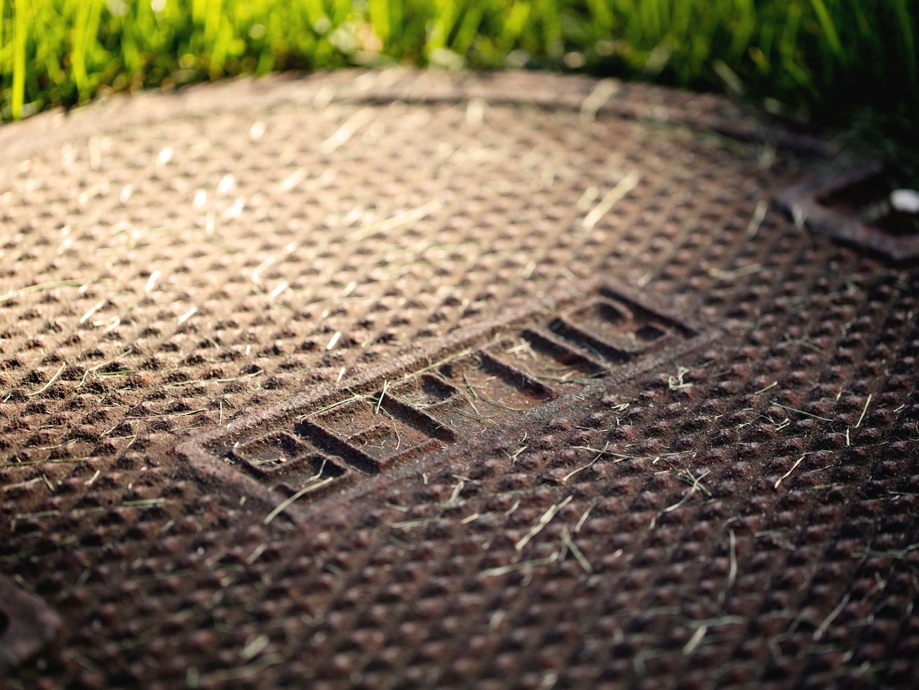 The man hole cover in a bed of grass, the cover has the word “spetic” on it. 