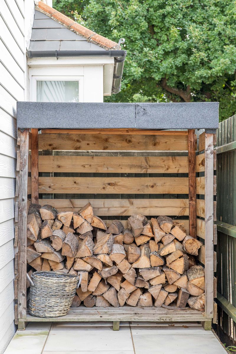 A firewood storage unit made of recycled pallet wood. 