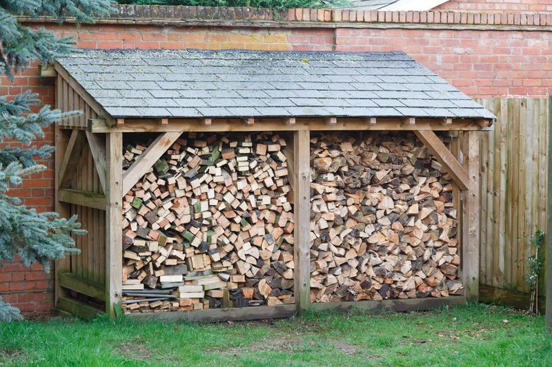 A covered lean-to structure containing firewood. 